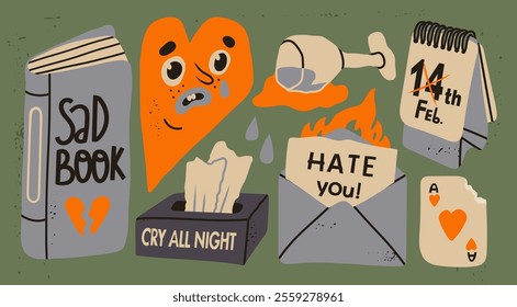 Unhappy holiday, anti Valentine's day concept. Various non romantic symbols. Spilled wine, cry tissues, hate letter, heart with tears. Hand drawn modern Vector illustration. Isolated design elements