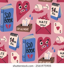 Unhappy holiday, anti Valentine's day concept. Various non romantic symbols. Spilled wine, cry tissues, hate letter, heart with tears. Hand drawn modern Vector illustration. Square seamless Pattern