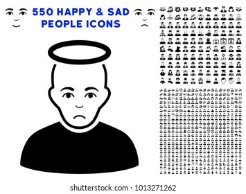 Unhappy Holy Man icon with 550 bonus pity and happy jobs images. Vector illustration style is flat black iconic symbols.