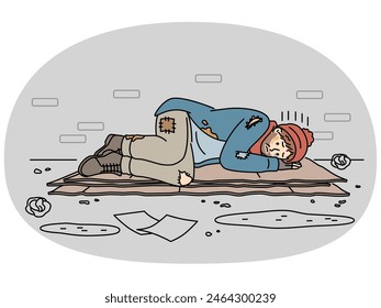 Unhappy homeless man sleeping on street suffer from poverty and hunger. Upset poor male feel despair of dirty city street. Homelessness concept. Vector illustration.