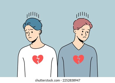 Unhappy homosexual couple suffer from broken hearts. Upset men struggle with relationships breakup or separation. Homosexuality concept. Vector illustration. 