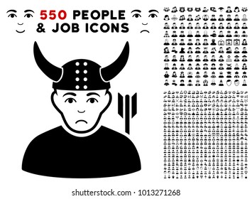 Unhappy Horned Warrior pictograph with 550 bonus pitiful and happy user images. Vector illustration style is flat black iconic symbols.