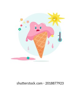 Unhappy ice cream melting in the sun. Template design for poster, web, postcard, for nursery. Cartoon flat vector illustration