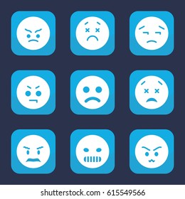 Unhappy icon. set of 9 filled unhappy icons such as angry emot, upset emot, upset and worry emot