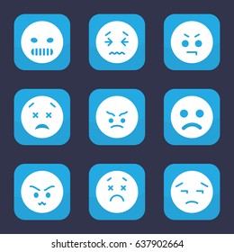 Unhappy icon. set of 9 filled unhappy icons such as angry emot, upset emot, upset and worry emot