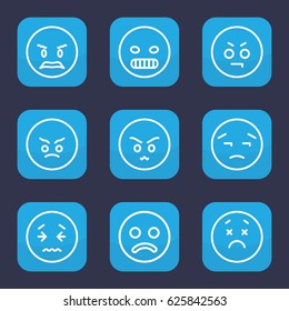 Unhappy icon. set of 9 outline unhappy icons such as angry emot, upset emot