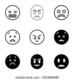 Unhappy icons. set of 9 editable filled and outline unhappy icons such as upset emot, upset and worry emot, sad smiley