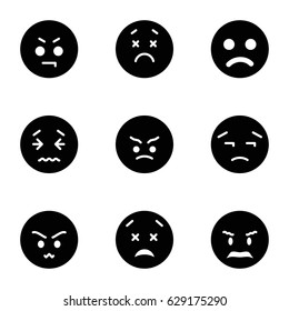Unhappy icons set. set of 9 unhappy filled icons such as angry emot, upset emot, upset and worry emot