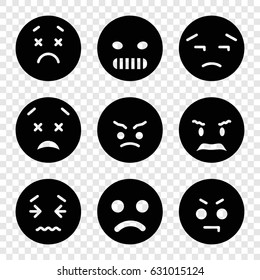 Unhappy icons set. set of 9 unhappy filled icons such as angry emot, upset emot, upset and worry emot