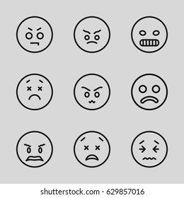 Unhappy icons set. set of 9 unhappy outline icons such as angry emot, upset emot, upset and worry emot