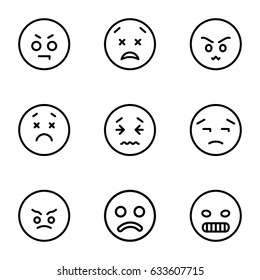 Unhappy icons set. set of 9 unhappy outline icons such as angry emot, upset emot, upset and worry emot