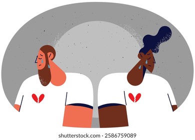 Unhappy interracial couple separate cry after breakup or split. Upset distressed multiethnic man and woman suffer from marriage dissolution. Vector illustration.