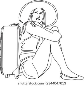 Unhappy Journey: Illustrating a Dissatisfied Woman Seated by Her Suitcase, Cartoon Sketch of a Traveling Woman Looking Weary