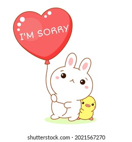 Unhappy kawaii bunny and duckling with heart-shaped balloon. Inscription I'm sorry. Cute little duck and rabbit apologize. Vector illustration EPS8 