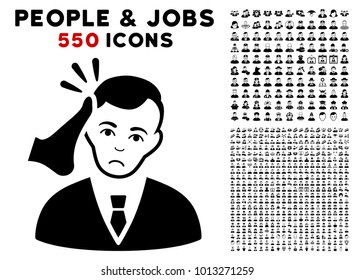 Unhappy Kickboxer Victim pictograph with 550 bonus pitiful and glad people icons. Vector illustration style is flat black iconic symbols.