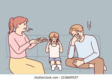 Unhappy kid crying because of parents arguing and fighting. Upset distressed child suffer from mother and father quarrelling. Vector illustration. 