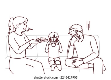 Unhappy kid crying because of parents arguing and fighting. Upset distressed child suffer from mother and father quarrelling. Vector illustration. 