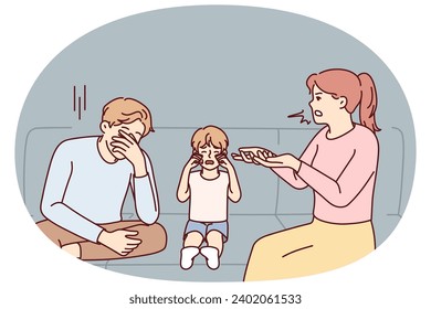 Unhappy kid crying because of parents arguing and fighting. Upset distressed child suffer from mother and father quarrelling. Vector illustration.