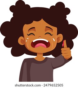 
Unhappy Kid Having her Thumb Bleeding Vector Illustration. Sad little girl complaining about finger injury 
