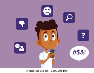 
Unhappy Kid Receiving Bullying Online Vector Concept Illustration. Stressed kid being anxious having problems on the social media