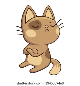 Unhappy kitten turned away resentfully, isolated, vector. Arrogant harmful cat refusing to talk. Funny cartoon chibi pet sticker, flat illustration