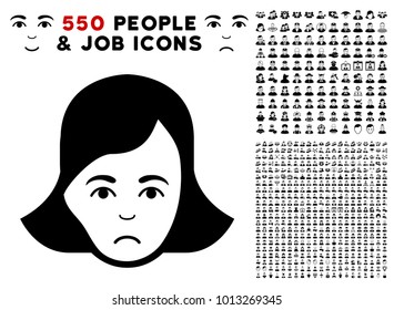 Unhappy Lady Face icon with 550 bonus sad and happy people clip art. Vector illustration style is flat black iconic symbols.