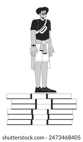 Unhappy latin american man on cash stack black and white 2D line cartoon character. Hispanic male with money lack isolated vector outline person. Financial crisis monochromatic flat spot illustration