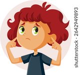 
Unhappy Little Boy Covering his Ears Vector Cartoon Character. Child stressed by loud noises feels the need to protect himself 
