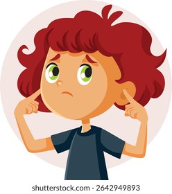 
Unhappy Little Boy Covering his Ears Vector Cartoon Character. Child stressed by loud noises feels the need to protect himself 
