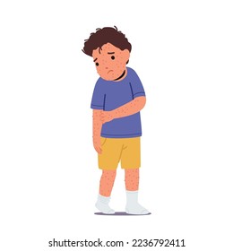Unhappy Little Boy Scratching Body with Bleeding Pustules due Monkey Pox Disease. Kid Character with Monkeypox Virus Infection Symptoms Isolated on White Background. Cartoon People Vector Illustration