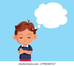 Unhappy Little Boy Vector Illustration With Crossed Arms And Thinking Bubble. Upset child with folded hands and blank thought cloud 