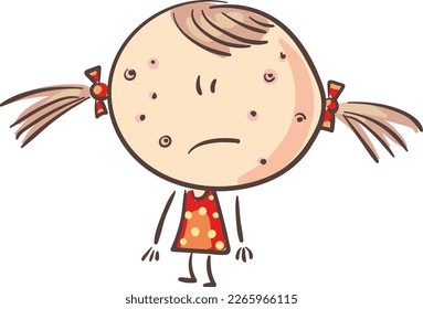 Unhappy little cartoon girl with chickenpox. Childhood diseases. Vector illustration.