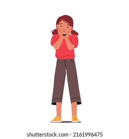 Unhappy Little Girl Crying with Tears Pouring Down. Kid Sad Character Emotions, Facial Expression of Sadness, Grief, Offense Feelings Isolated on White Background. Cartoon People Vector Illustration