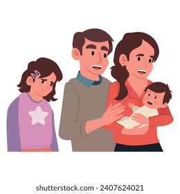 Unhappy little girl feeling jealous while parents spend time with her little brother at home