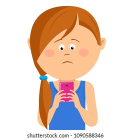 Unhappy little girl has received bad news on mobile smart phone