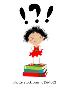 Unhappy little girl sitting on school books