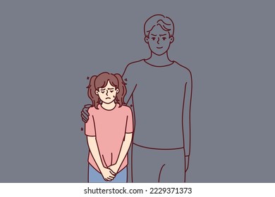 Unhappy little girl standing near man figure ghost feeling mad and furious. Sad small child cry suffer from domestic violence. Vector illustration. 