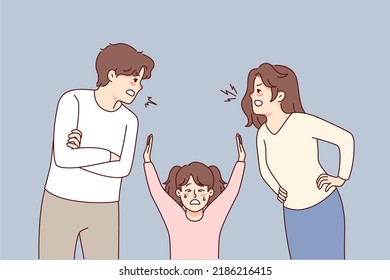 Unhappy Little Kid Suffer From Parents Arguing. Small Child Struggle With Mom And Dad Fighting. Domestic Violence Effect On Children. Vector Illustration. 