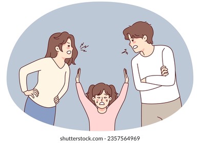 Un niño infeliz sufre de que los padres discutan. Los niños pequeños luchan con mamá y papá luchando. La violencia doméstica afecta a los niños. Ilustración vectorial.