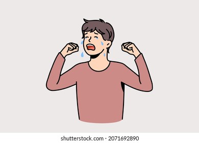 Unhappy Little Teenage Boy Child Crying Lack Parent Attention. Upset Ill-behaved Naughty Teen Kid Burst Into Tears. Parenting And Childcare Problem Concept. Childcare. Flat Vector Illustration.