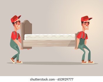 Unhappy loaders men characters carry bed. Vector flat cartoon illustration