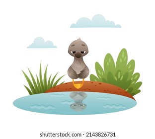 Unhappy lonely duckling sitting on shore of pond. Ugly duckling fairy tale cartoon vector illustration