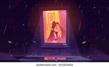 Unhappy lonely girl with smartphone by window in house at rainy night. Vector cartoon illustration of sad woman sitting at city home alone. Concept of sadness, solitude, isolation