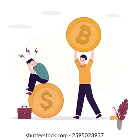 Unhappy loser investor with dollar assets and happy successful investor with bitcoin. Investments in crypto currencies, bitcoin as protective asset. Rising value of crypto. Blockchain technologies.