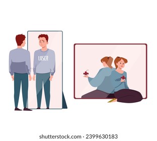 Unhappy loser in the mirror reflection. Young woman with cake turned away from mirror, because wrong thinks she is fat. Pessimist negative lifestyle. Vector cartoon characters with psychology disorder