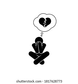 unhappy love illustration, man sitting grieving about his broken heart, stick figure pictogram human silhouette