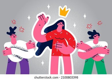 Unhappy mad people jealous successful confident female colleague or worker. Angry employees envy woman competitor or rival. Work or business competition and rivalry. Vector illustration. 