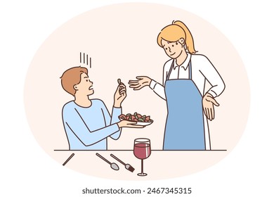 Unhappy male client dissatisfied with food in restaurant make note to embarrassed waitress. Angry man customer complain about dish to female waiter. Vector illustration.