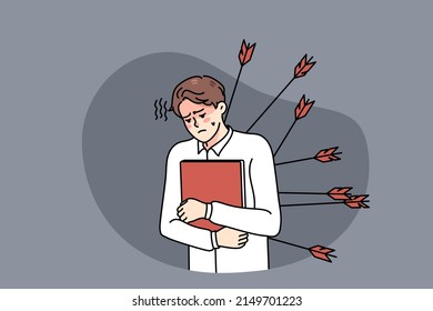 Unhappy male employee with arrows in back struggle with business betrayal. Upset stressed businessman betrayed by colleagues or coworkers. Rivalry and competition. Vector illustration. 