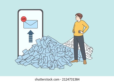 Unhappy male employee look at stack or unread emails think of workload. Man worker consider pile of mails and notifications of smartphone. Overwork and job stress concept. Vector illustration. 